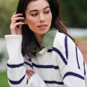 Wyeth Maggie Relaxed Fit Roll Collar Sweater Cotton White/Navy Stripe‎ Small